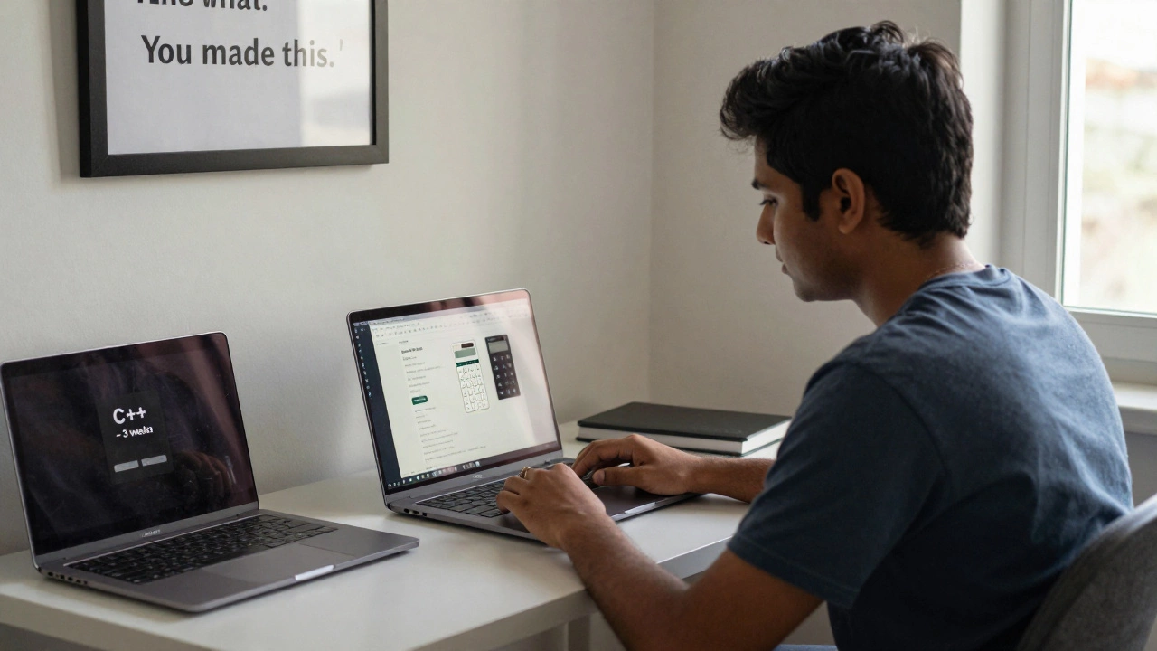 A young developer smiles at a working JavaScript calculator on their laptop, with a dusty C++ laptop nearby.