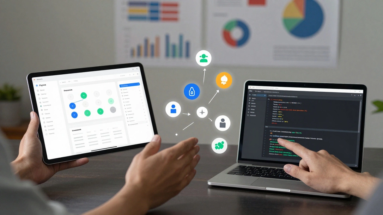 Designer and developer reaching toward each other across a table with digital design and code elements between them.