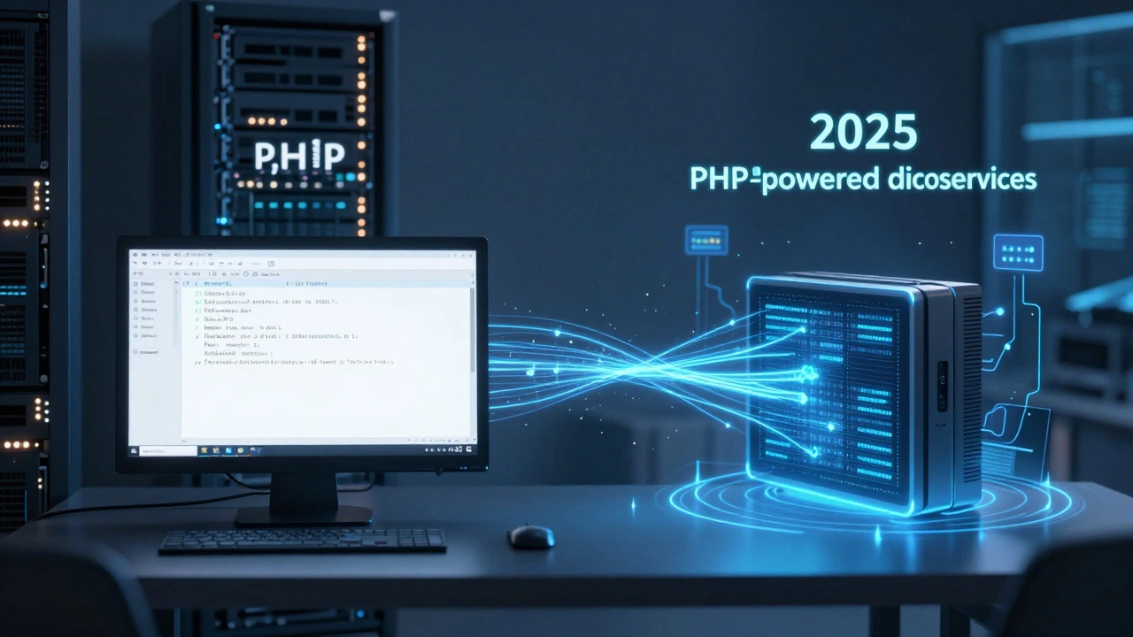 Evolution of PHP from 2005 server to 2025 cloud infrastructure with scaling data streams.