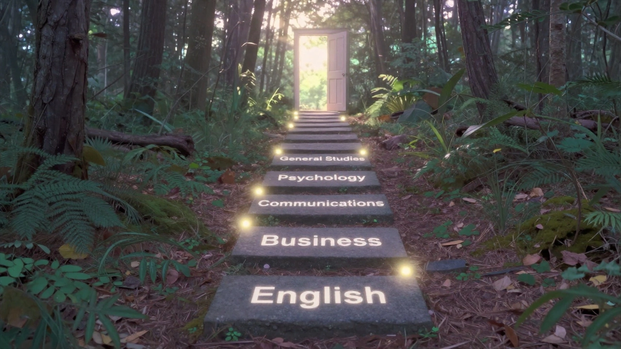 Forest path with labeled stepping stones leading to a sunlit door