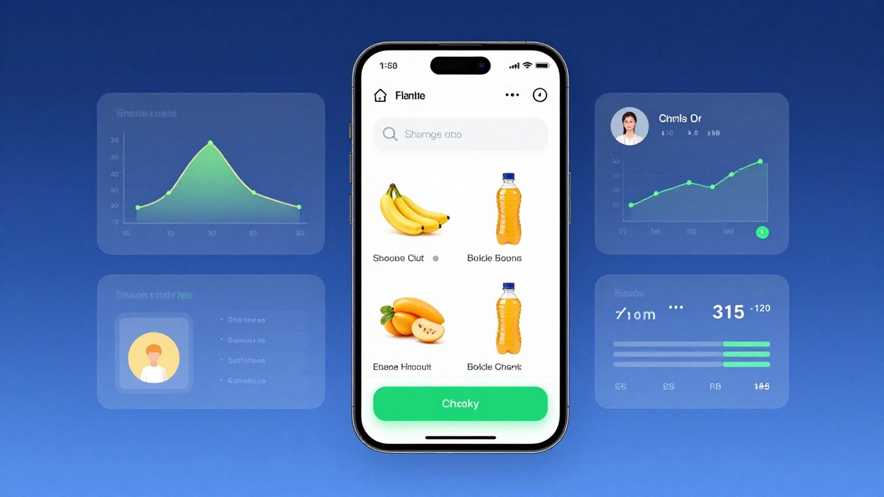 Grocery app interface with large product images and green checkout button on smartphone.