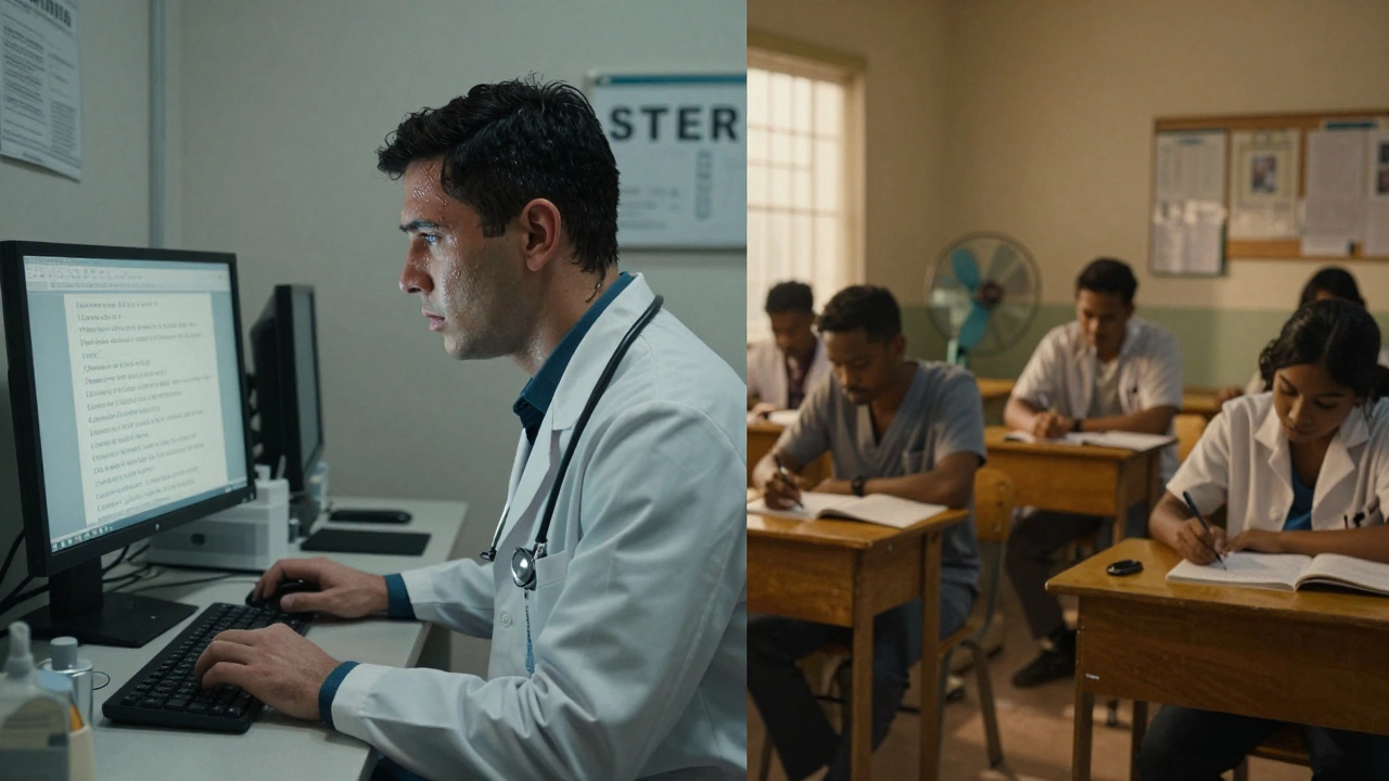 International medical graduate in a U.S. testing center versus studying in their home country classroom.