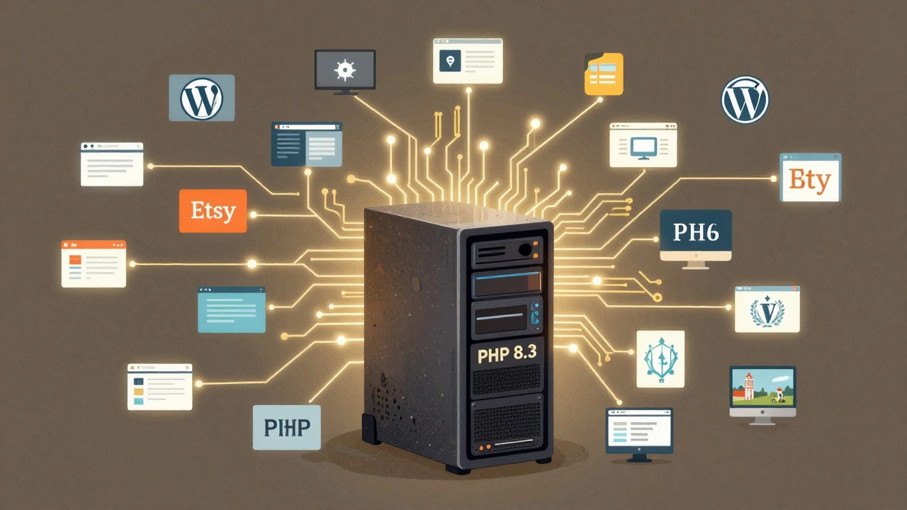 PHP as a hidden engine powering millions of websites with glowing connections.