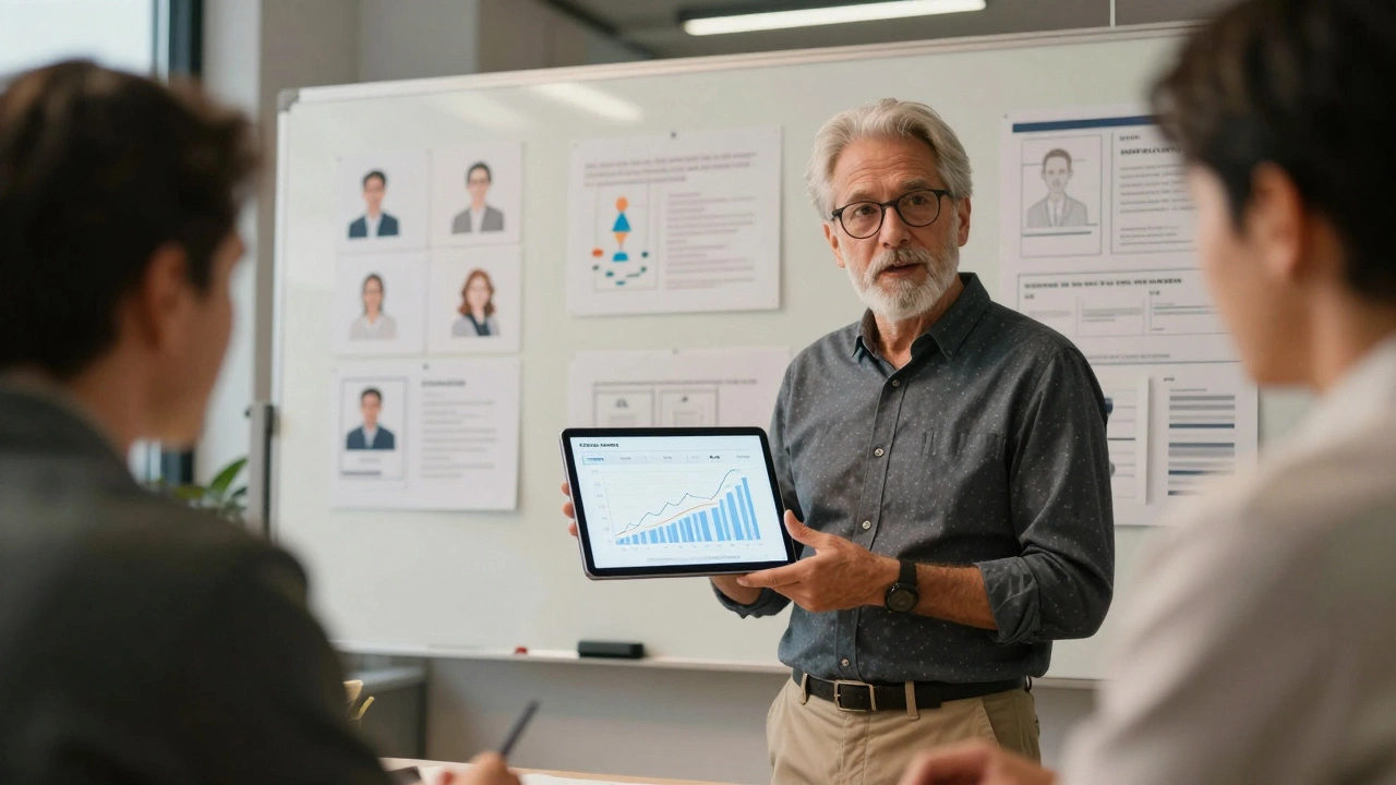 Senior UX designer presenting conversion data to executives in a fintech startup