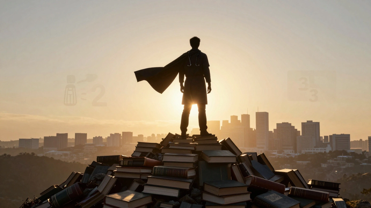 Silhouette of a doctor standing atop books, stethoscope as a cape, sunrise behind them symbolizing triumph.