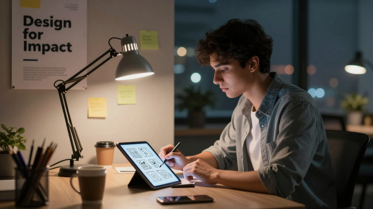 Young UX designer working late with wireframes and sticky notes in a co-working space