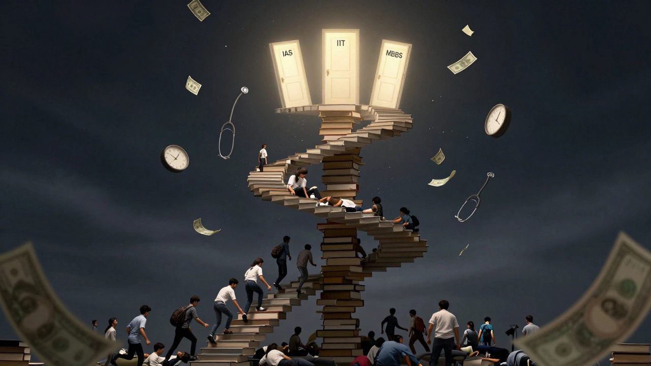 An endless staircase of books leads to three glowing doors representing top exams.