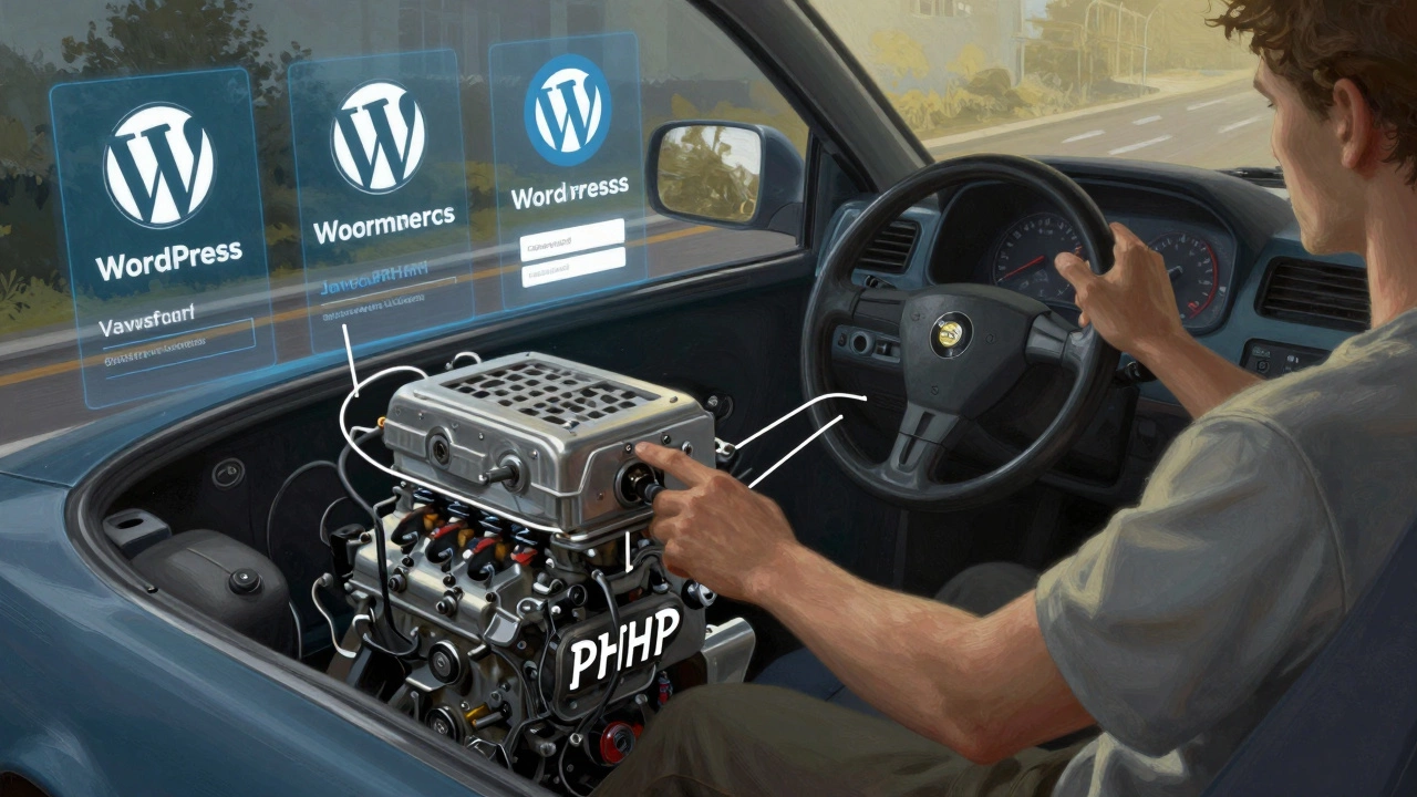 Car engine labeled PHP powering a vehicle with JavaScript steering wheel and dashboard, driving through a digital website landscape.
