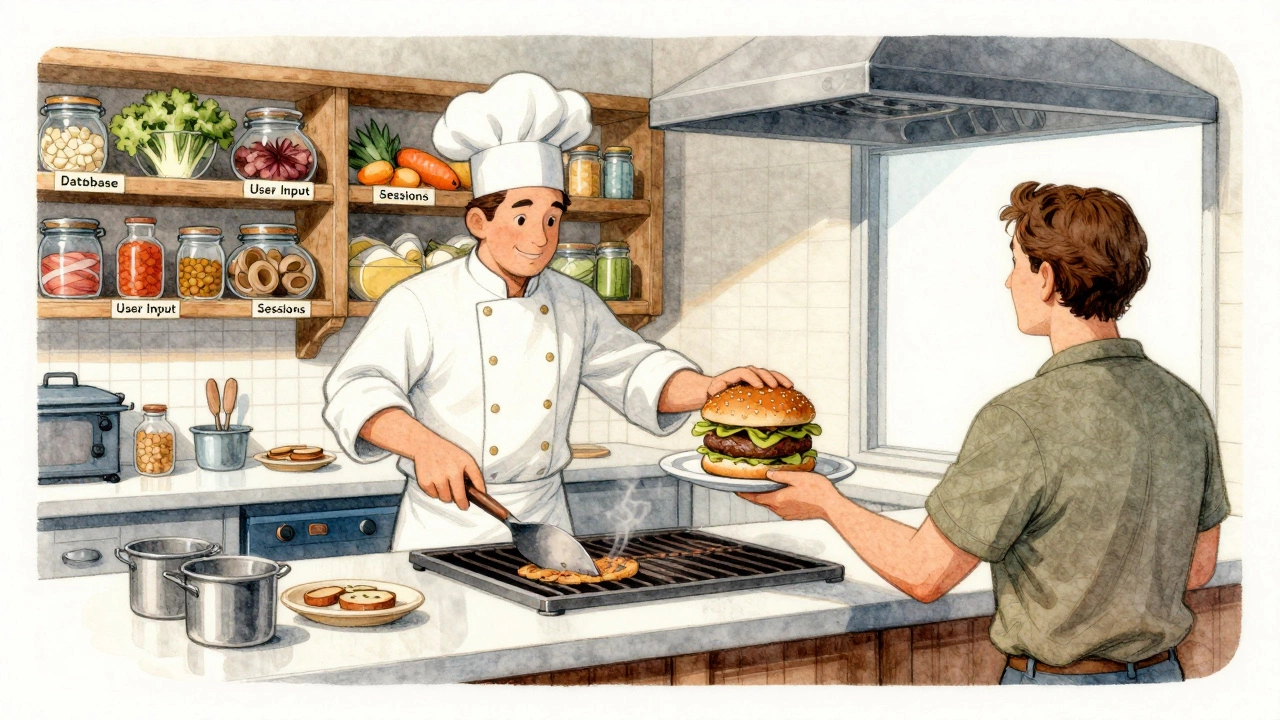 Chef in a kitchen preparing a burger behind a counter, handing it to a customer who sees only the finished meal.