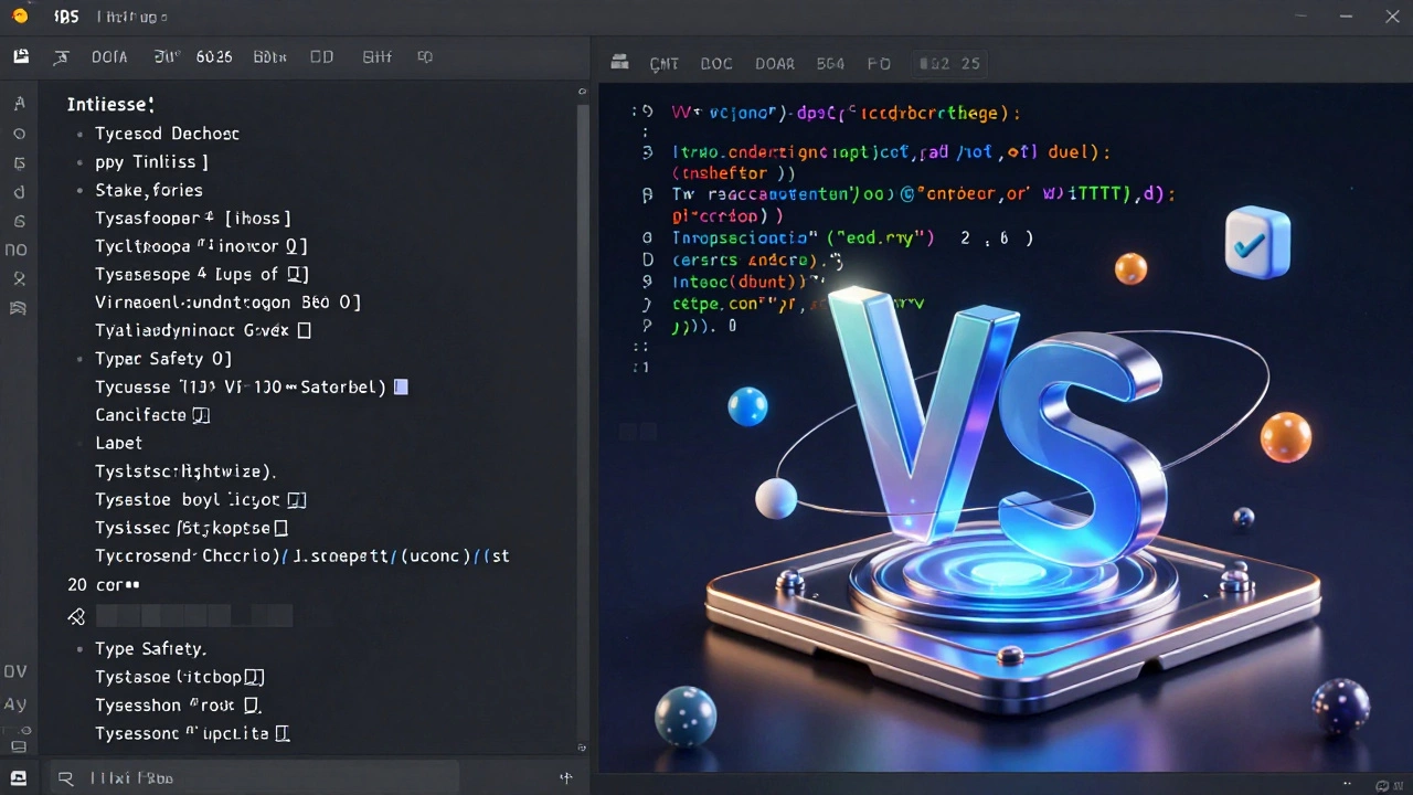 Developer typing TypeScript while code transforms into a 3D model of VS Code with floating type-safe particles.