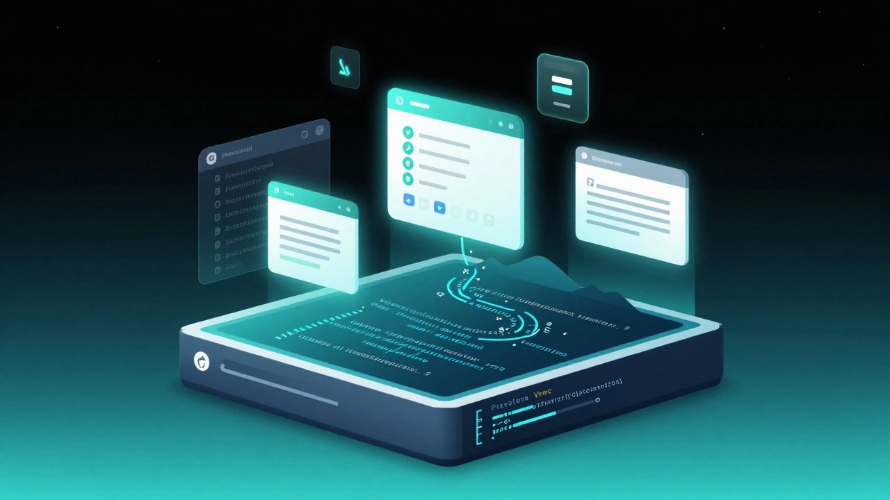 Layered digital architecture showing TypeScript flowing into Electron-rendered interface components.