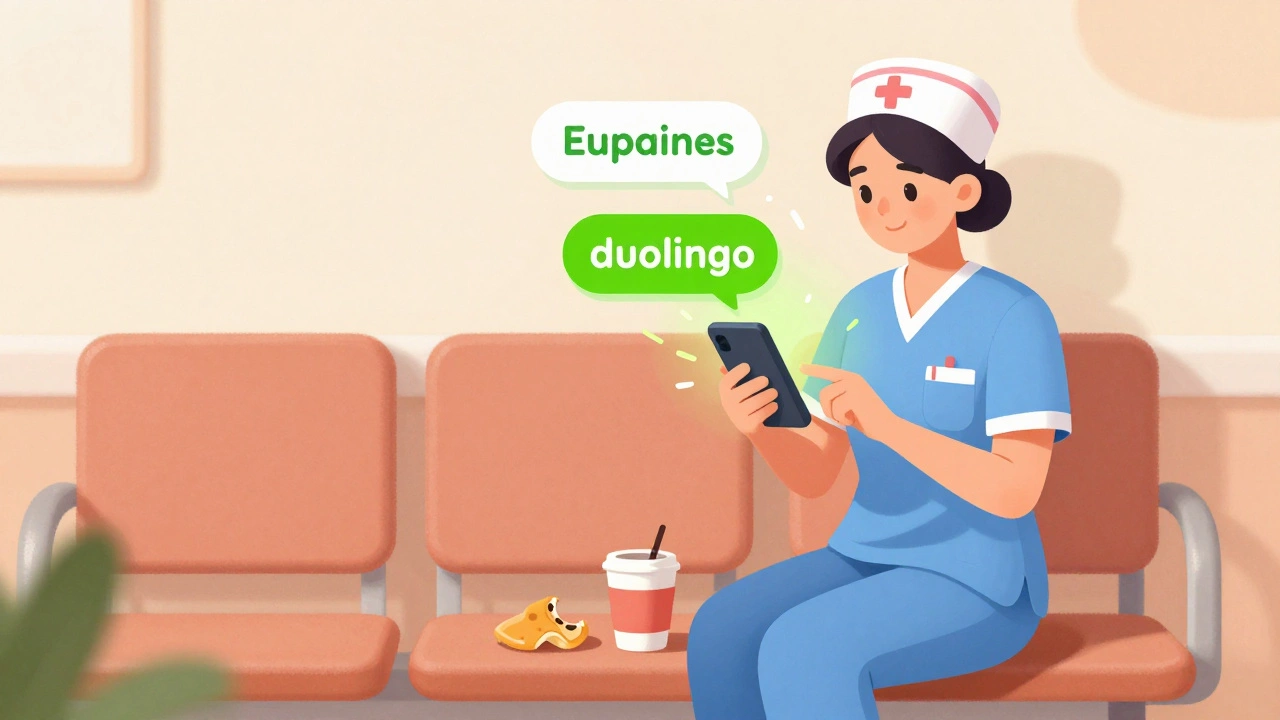 Nurse completing a language quiz on her phone during a coffee break.