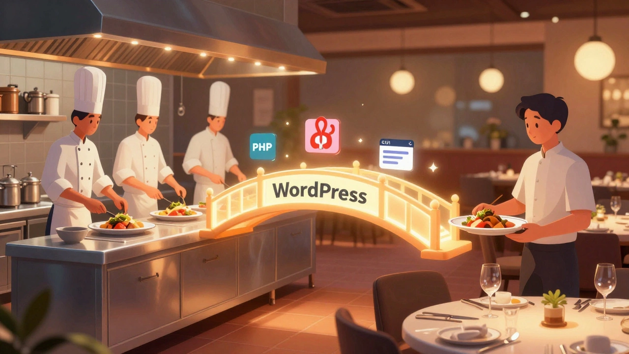 Restaurant metaphor showing WordPress backend kitchen and frontend dining room connected by a glowing bridge.