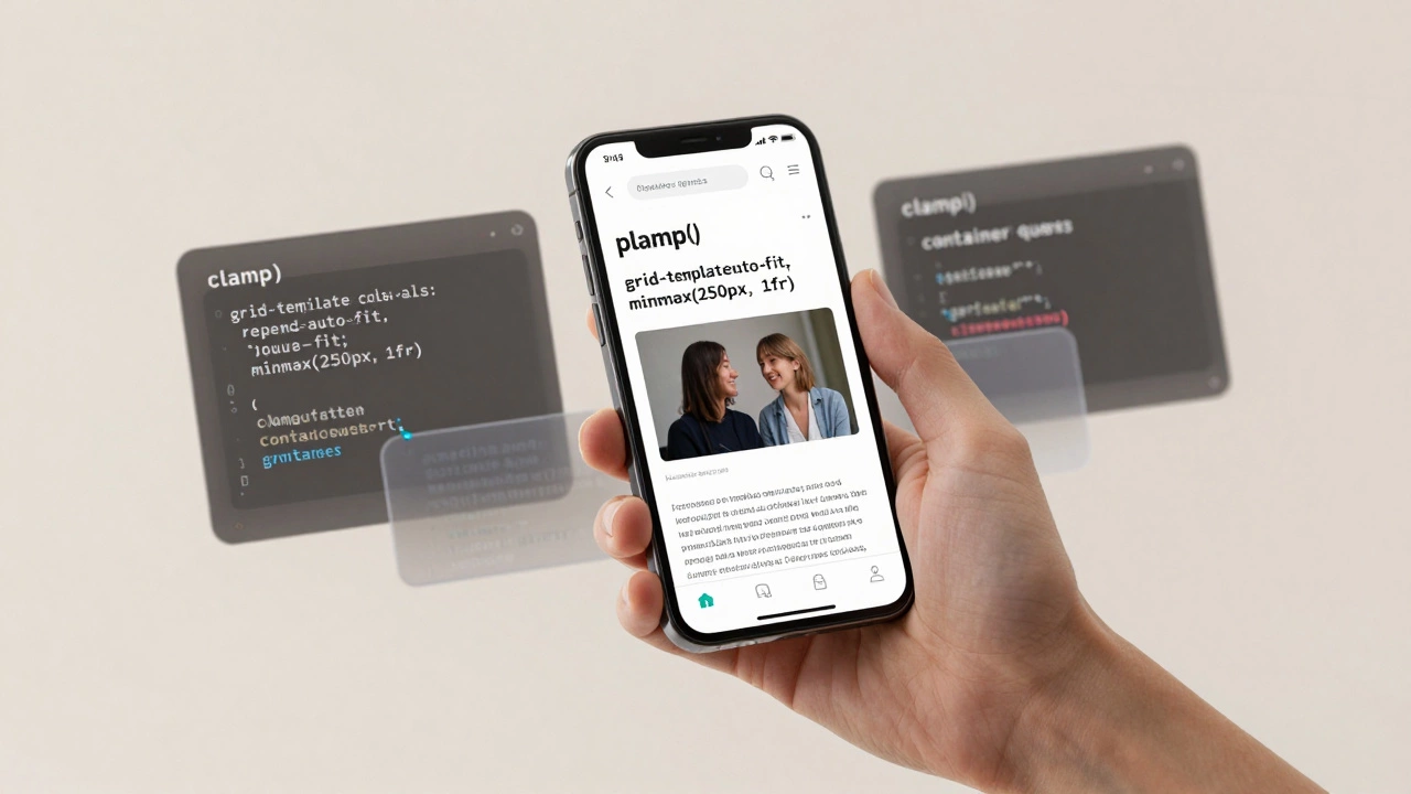 Smartphone showing a responsive blog with floating CSS code snippets hovering in the background.