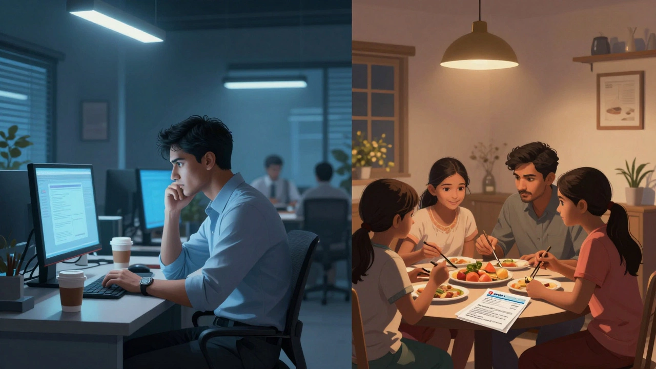 Split scene: stressed tech worker at night vs. calm family dinner with government documents on the table.