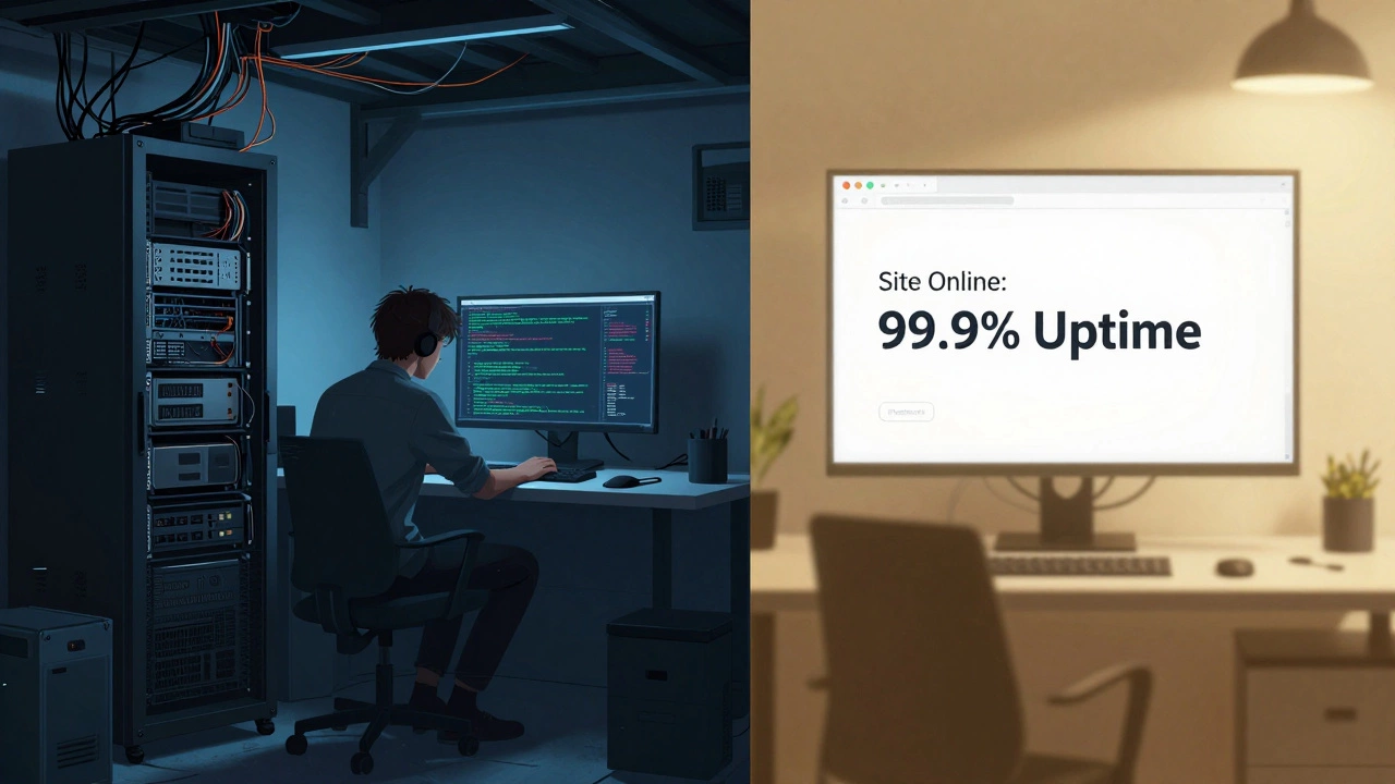 Split screen: messy basement server room vs clean office with uptime dashboard.