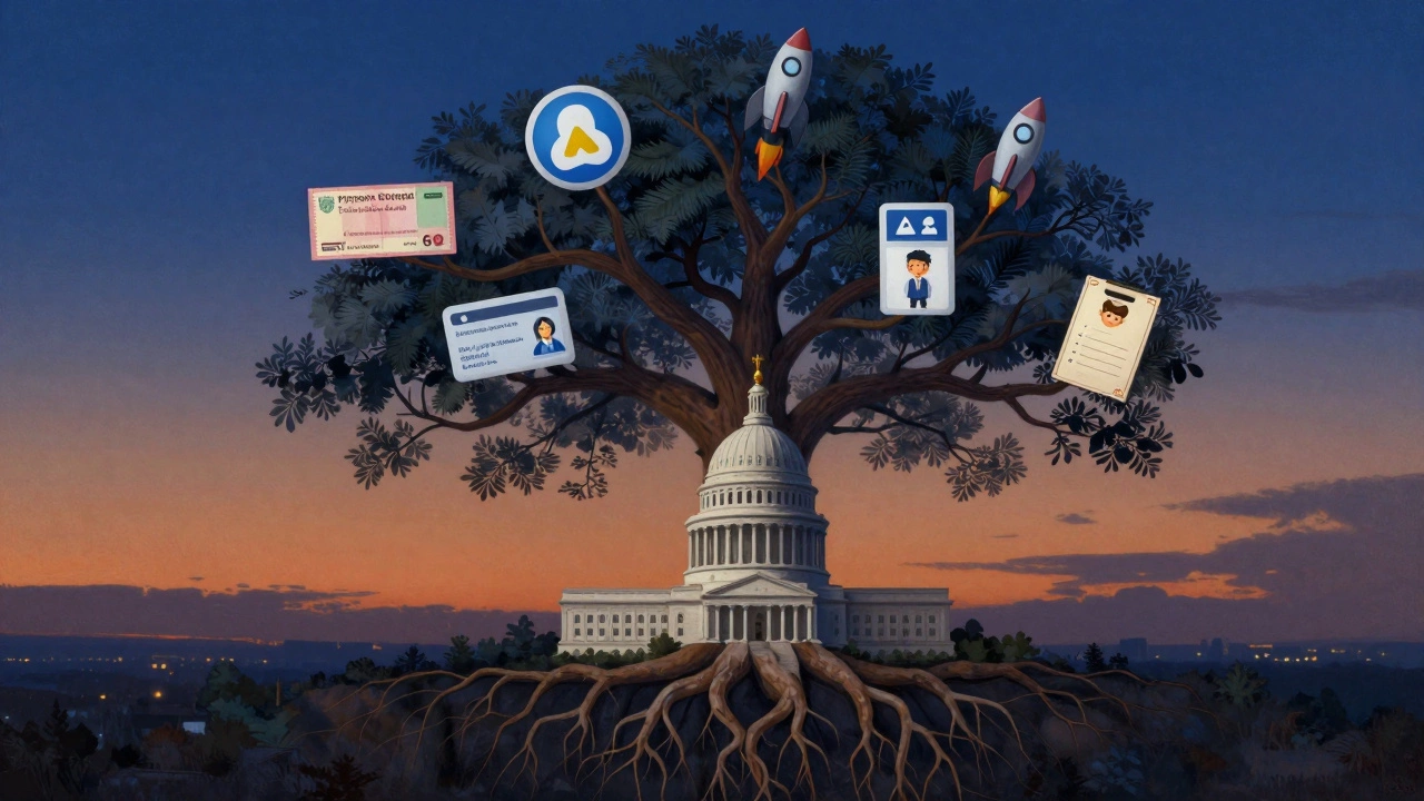 Symbolic tree with government benefits as roots and startup icons as severed branches under twilight sky.