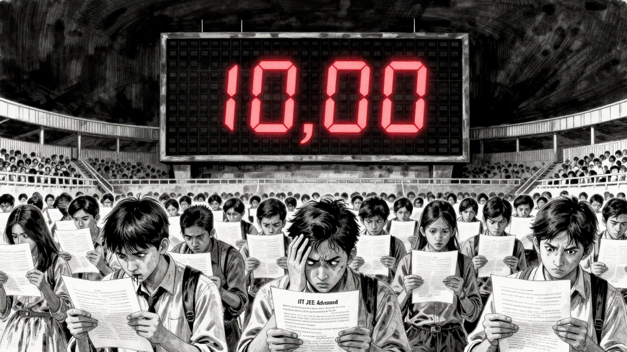 Thousands of students in a stadium, only a few names visible on a massive scoreboard.