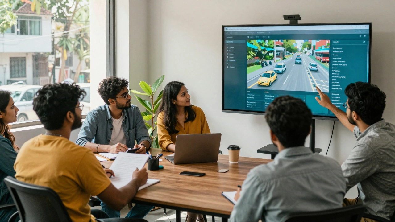 Young professionals collaborating on a data dashboard displaying real-time bus traffic delays.