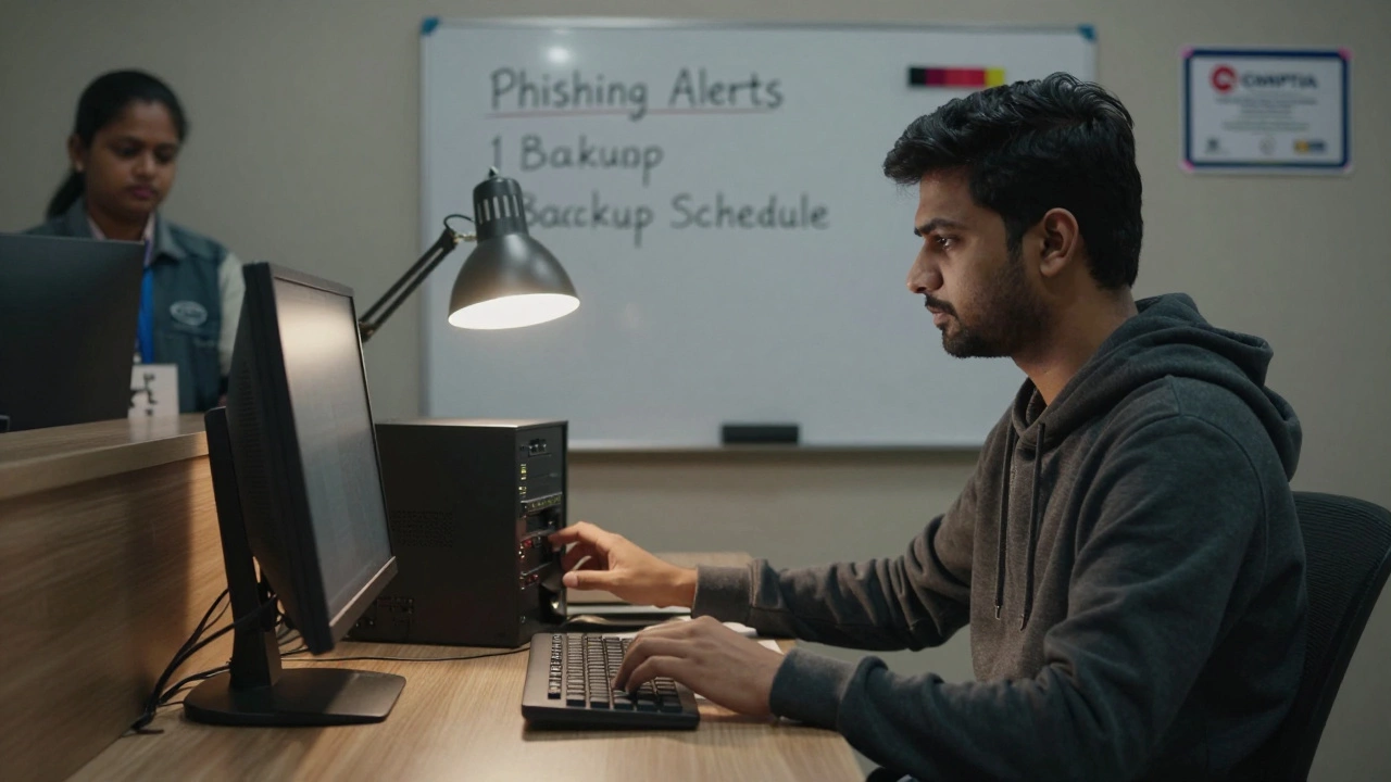Young tech specialist setting up cybersecurity protections in a small Indian clinic.