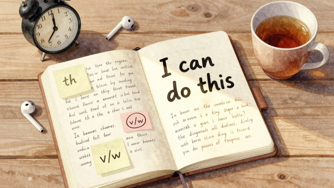 A journal open on a wooden table with handwritten English phrases, sticky notes, and earbuds nearby, bathed in morning light.