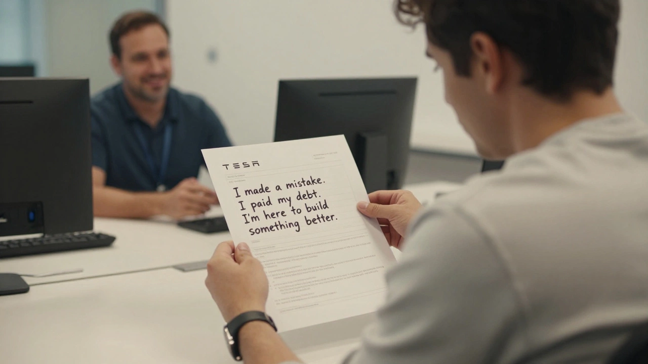 A person submitting a job application at Tesla with a handwritten note about personal growth, supervised by a manager.