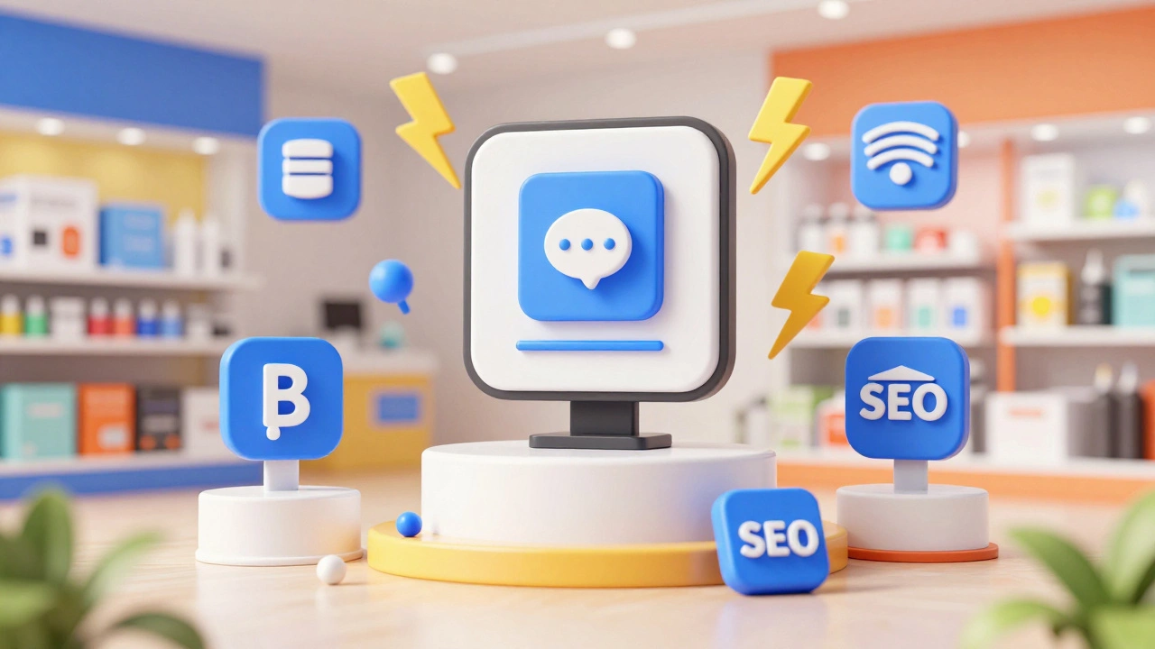 E-commerce storefront with server icons and lightning bolts for fast loading.