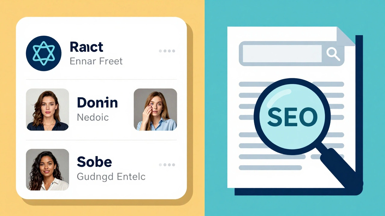 Split-screen social media feed and blog with search engine elements.