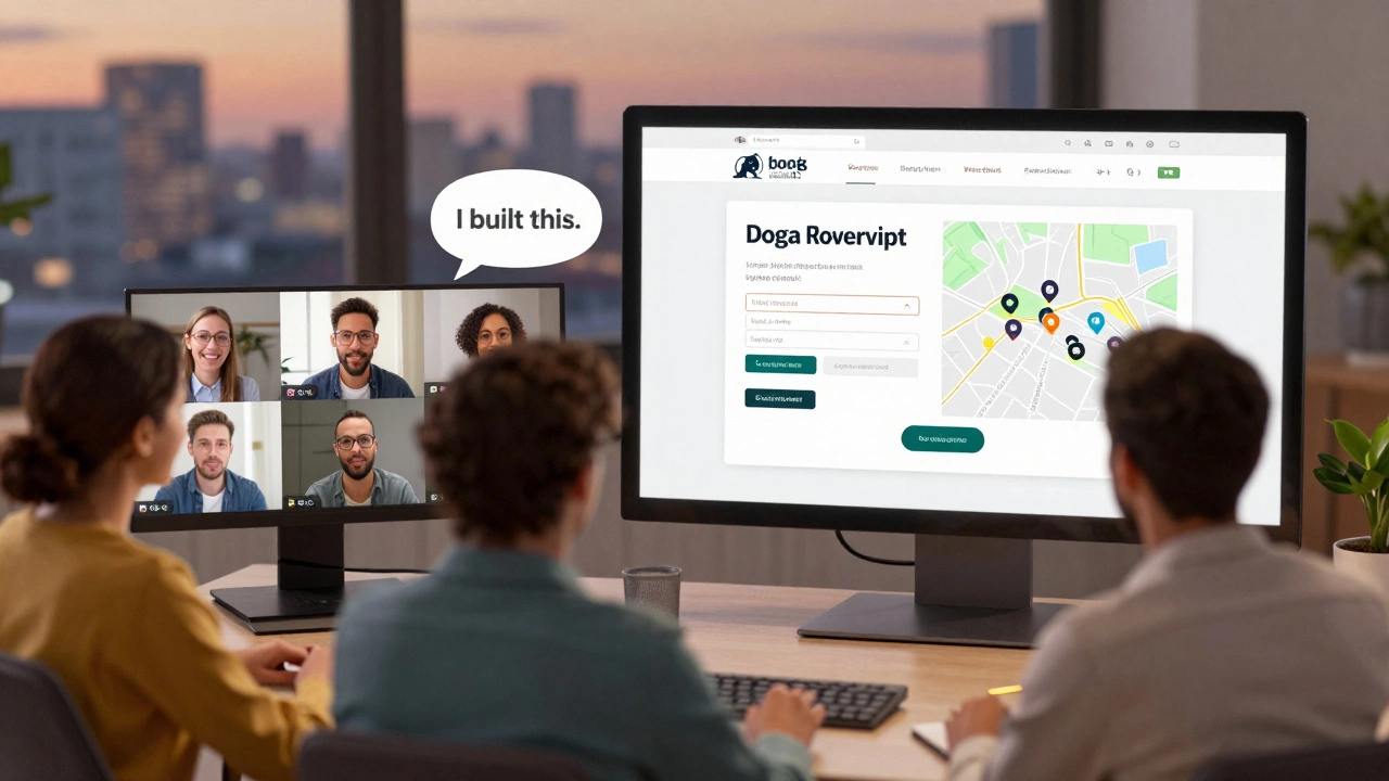 Virtual team viewing a live dog-walking website with booking form and map integration on screen.