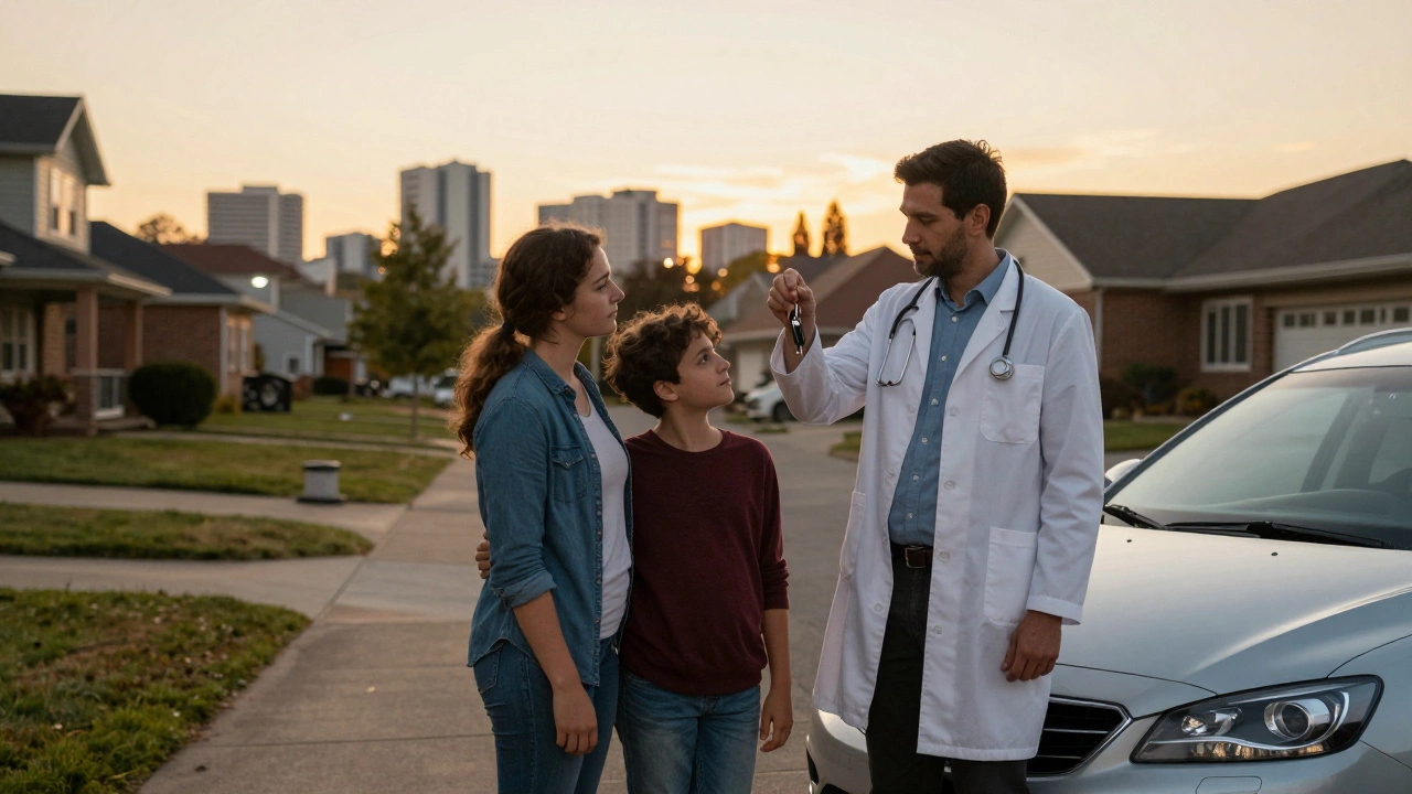 A doctor standing with family in a suburban driveway at sunset, smiling quietly near a new car.