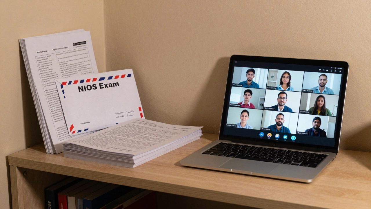 A hybrid learning space with printed books and a tablet showing a live class.