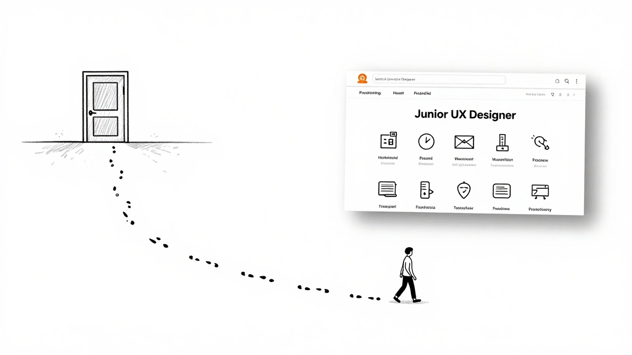 A path of design steps leading from sketch to portfolio, symbolizing self-taught UI/UX journey.