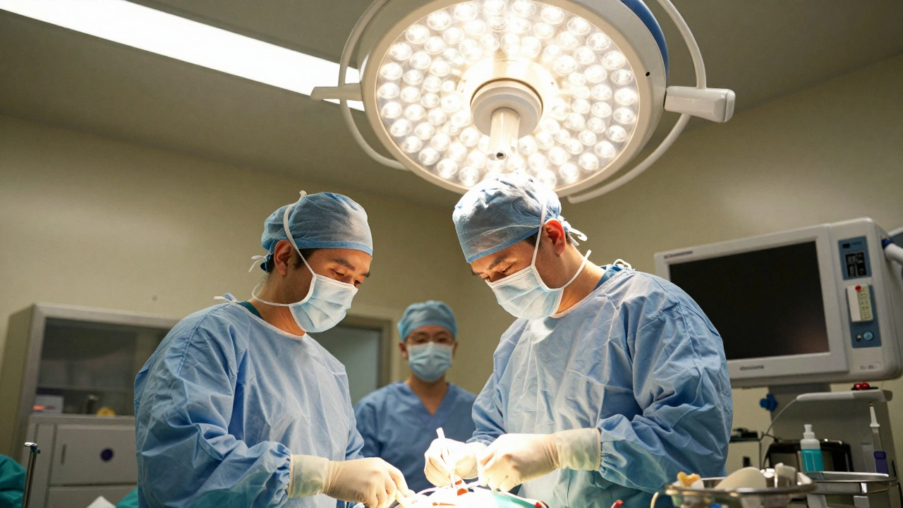 A surgeon performing a complex procedure in a high-tech operating room under bright lights.
