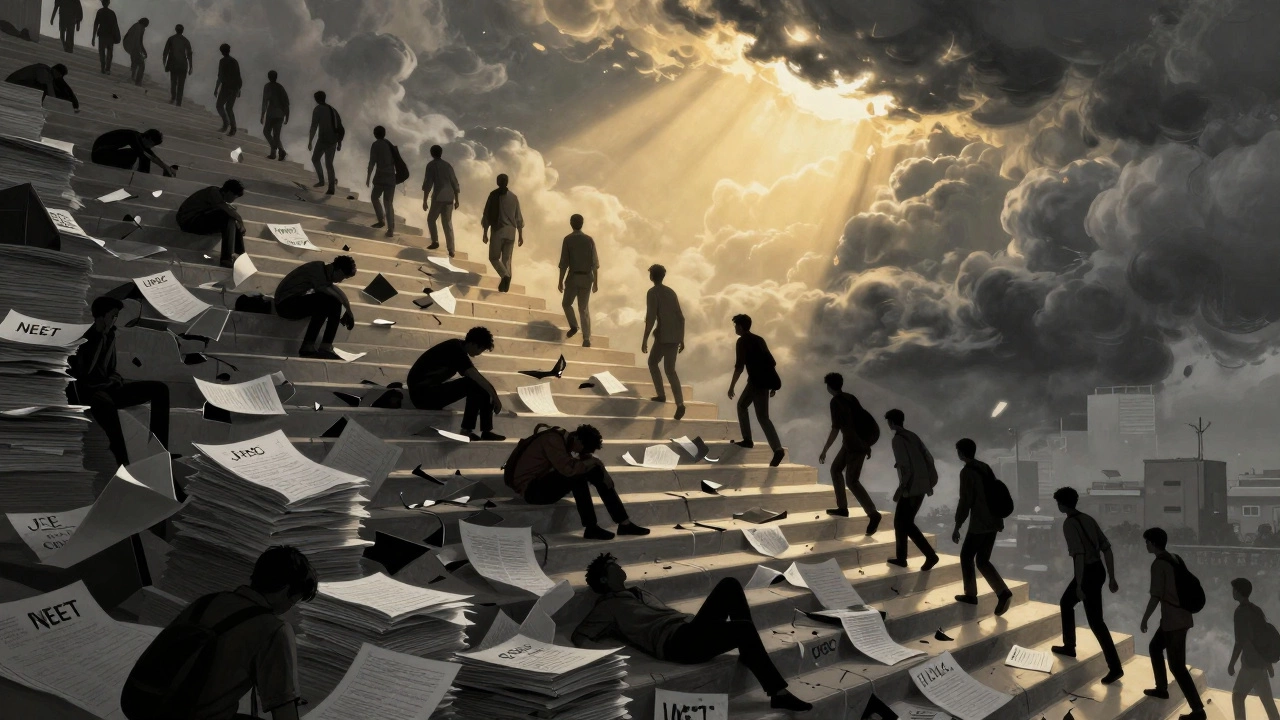 A symbolic staircase made of exam papers with countless climbers ascending into stormy skies.
