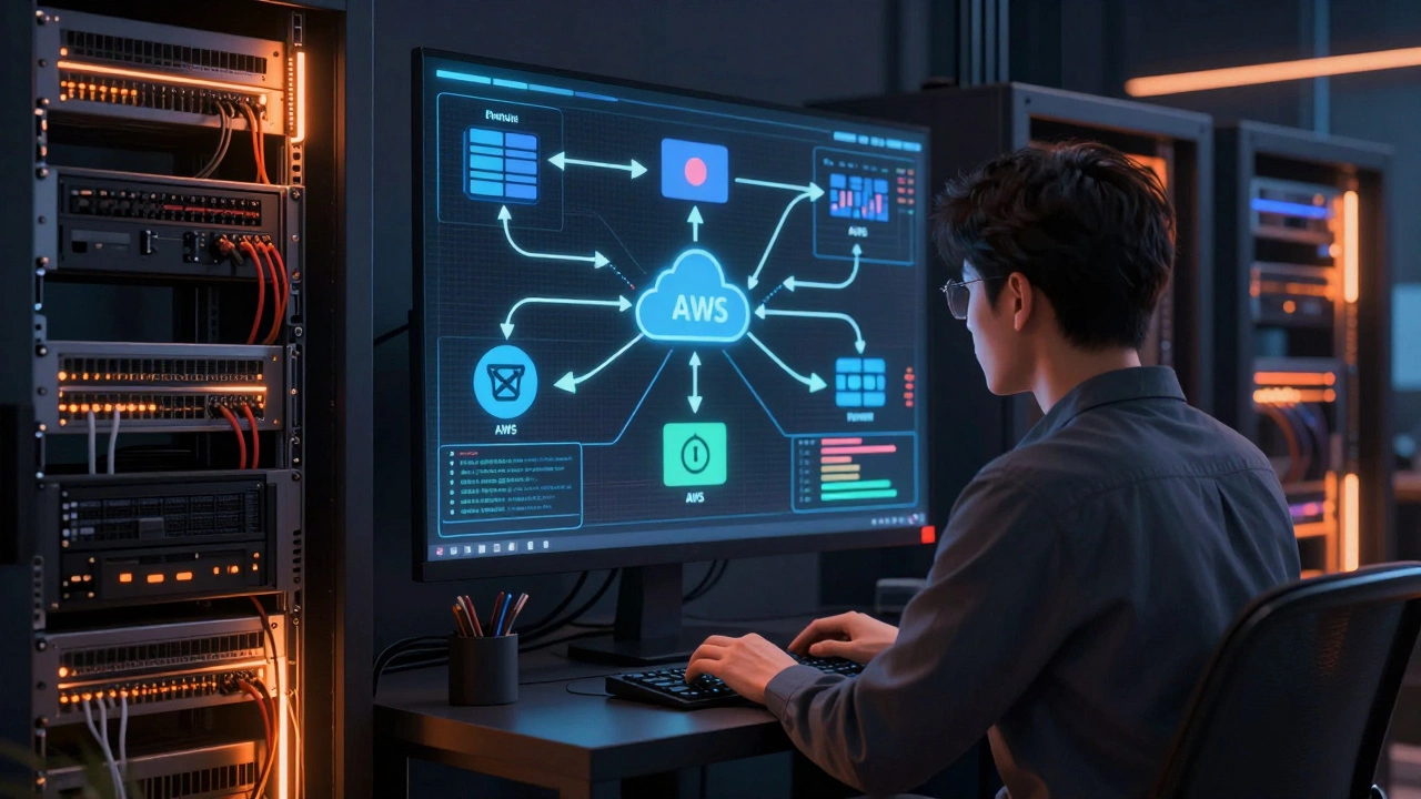 Back-end developer managing servers and data flows in a dim server room with glowing infrastructure.