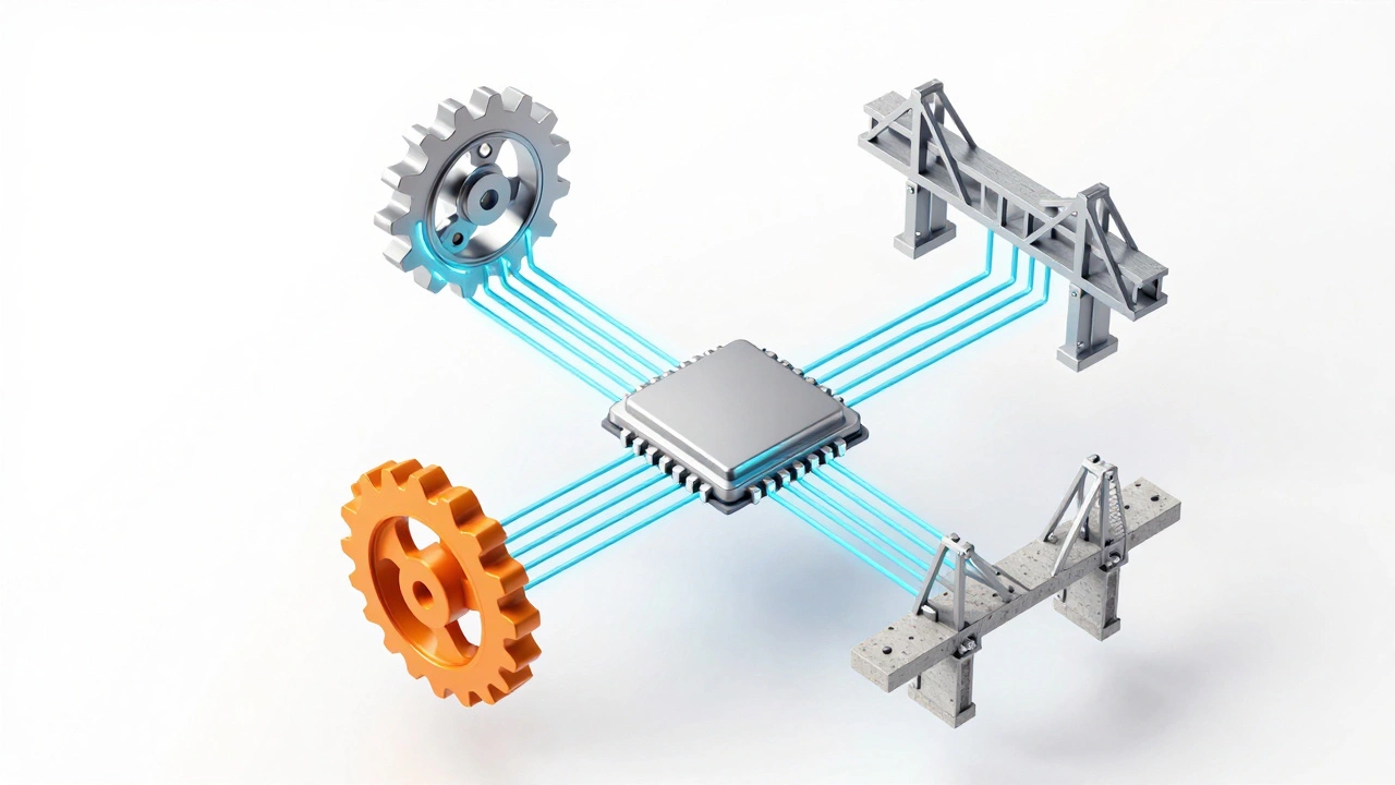 Floating symbols representing different engineering disciplines