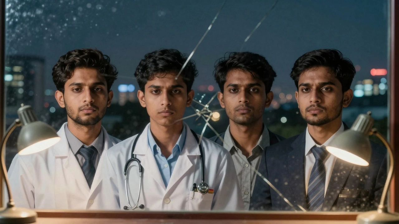 Four aspirants reflected in a cracked mirror, each representing a major competitive exam in India.