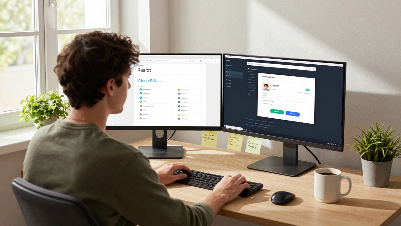 Full-stack developer working on both front-end and back-end systems at a home office desk.