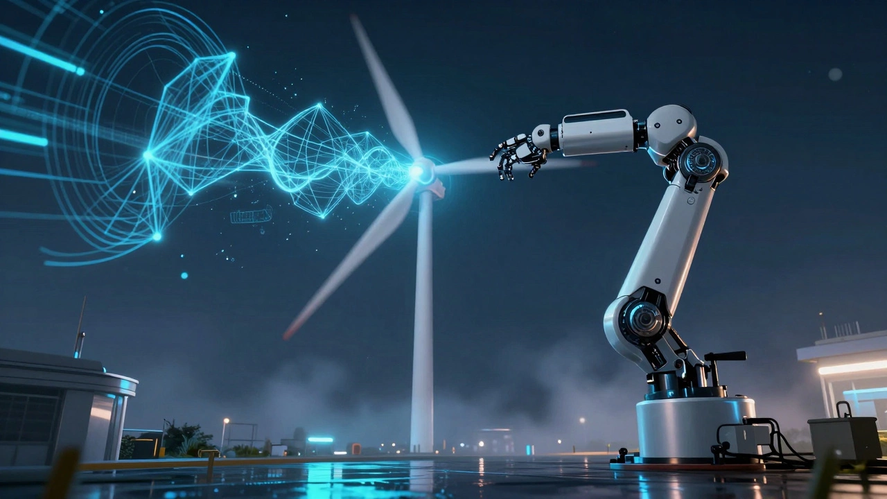 Robotic arm working on wind turbine with holographic data