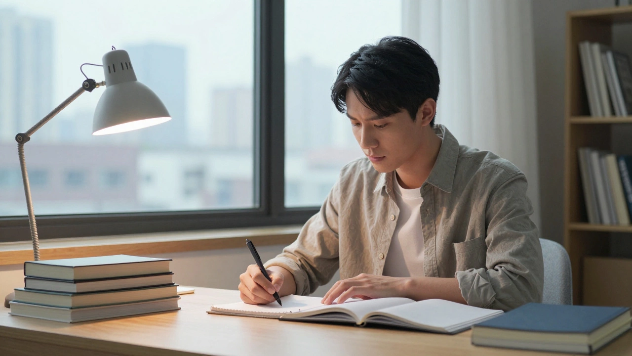 Student studying at desk with city view in background.