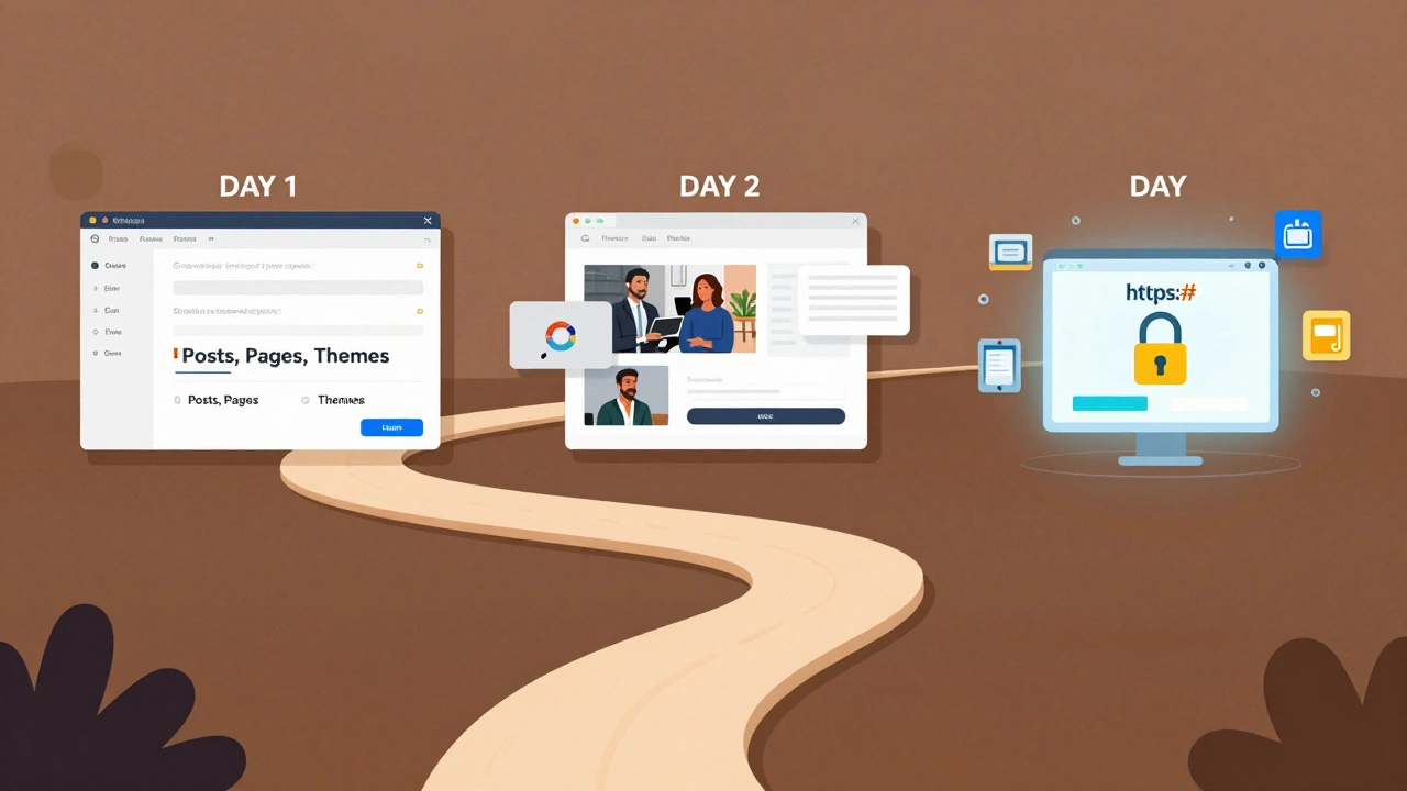 Three-stage visual journey of building a WordPress site in three days with icons for theme, blocks, and launch.