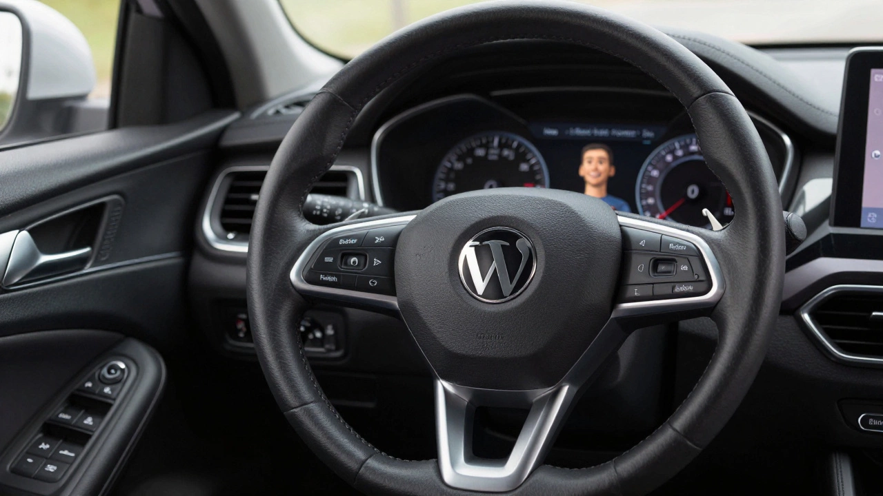 WordPress website as a car dashboard with intuitive controls, driver smiling, no engine visible.