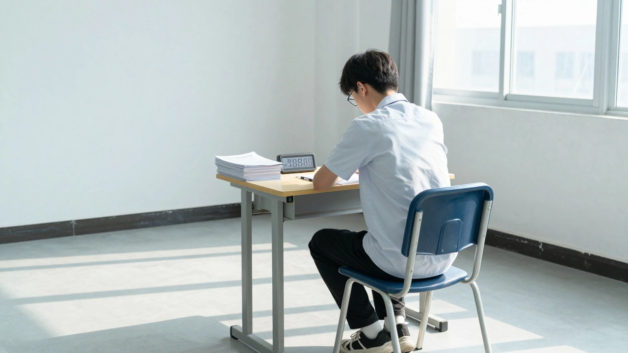 A student taking a timed mock exam in a minimalist, sunlit room