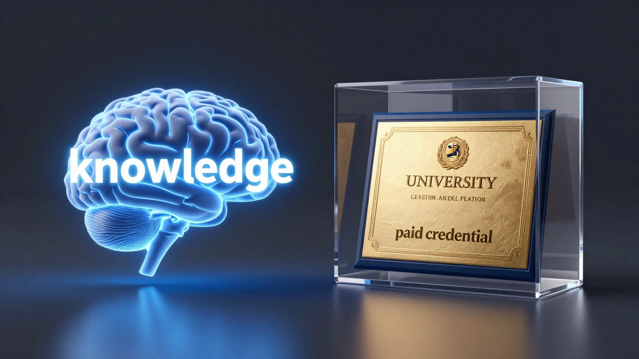 Conceptual art showing an open brain of knowledge next to a locked certificate.