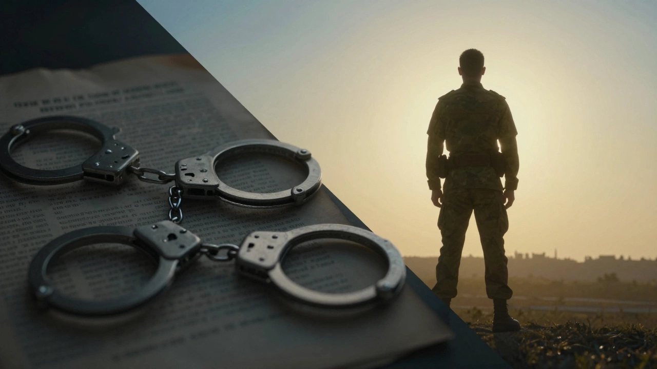 Conceptual art showing the transition from a criminal past to a disciplined military future.