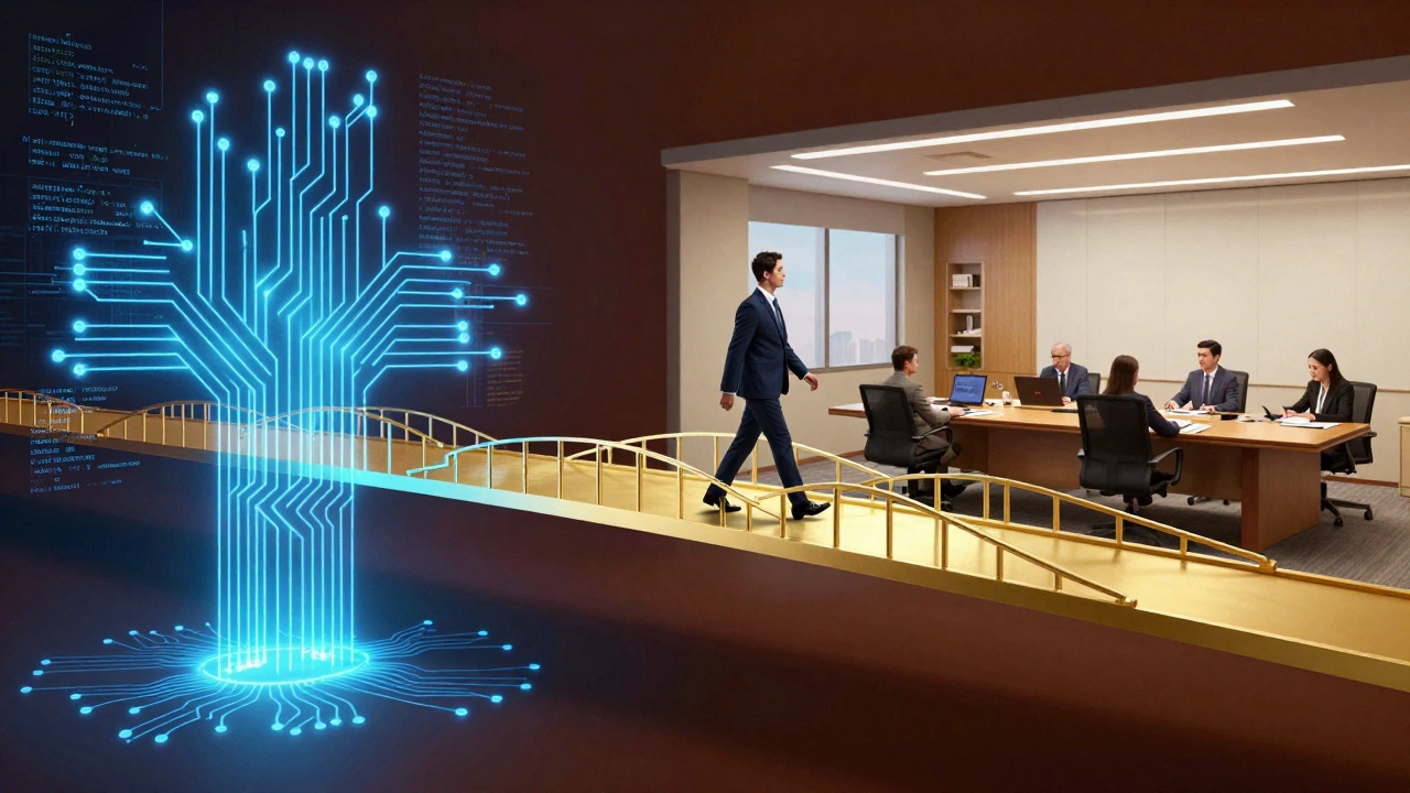 Conceptual image of a professional crossing a golden bridge from coding to corporate leadership.