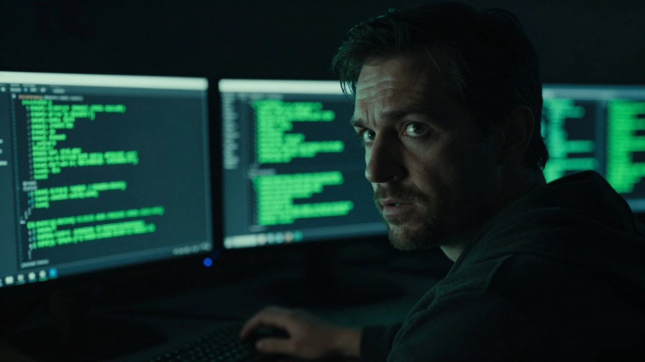Cybersecurity professional in a dark operations center with neon green code on screens.