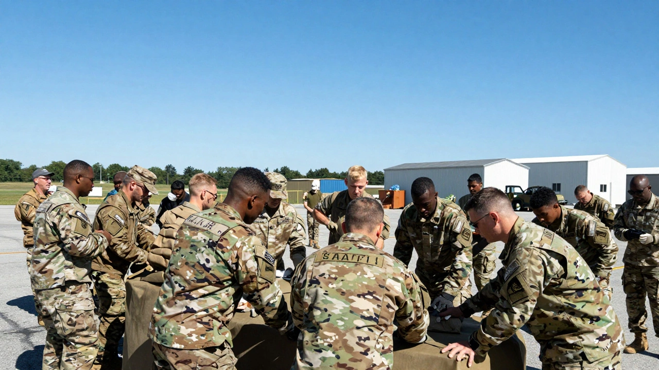 Diverse military service members working together in a logistics and training environment.