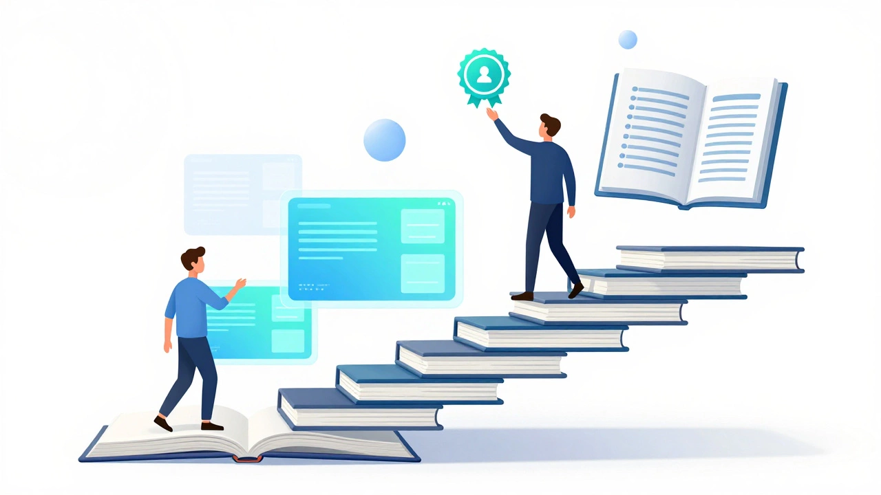 Illustration of a person climbing a staircase of books toward a professional badge.