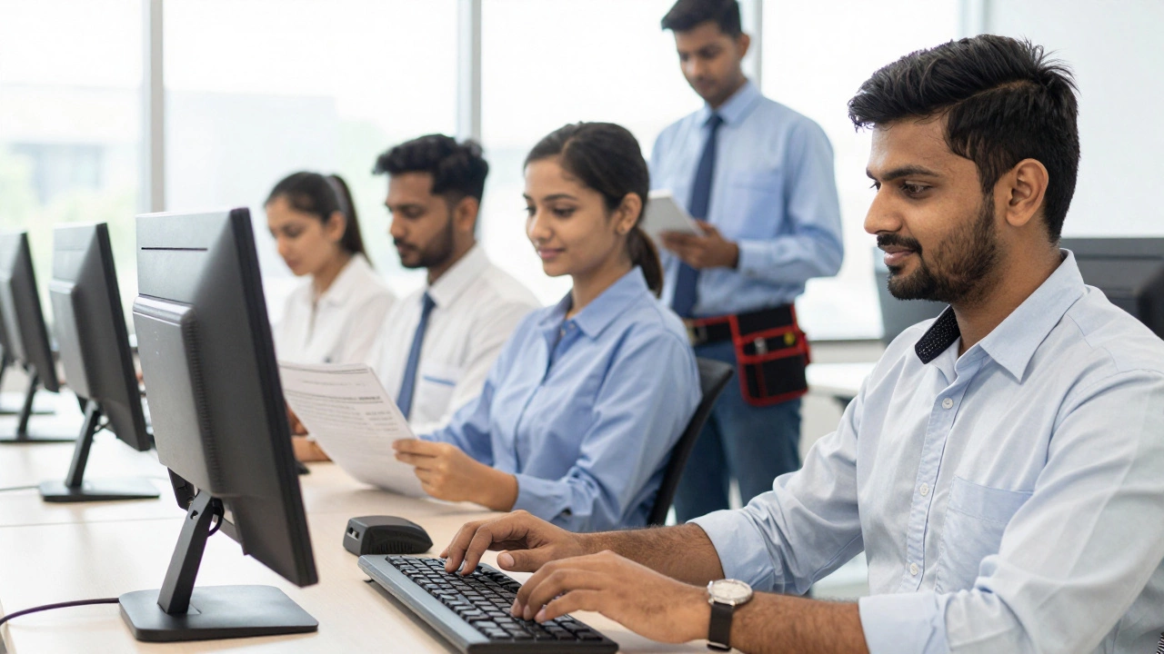 Young Indian candidates practicing typing and technical skills in a bright center